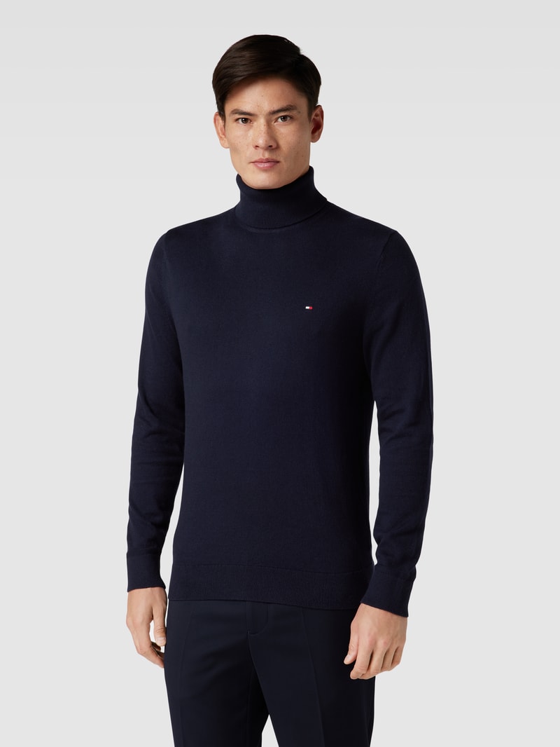 Rollkragenpullover mit Kaschmir-Anteil und Logo-Stitching in marineblau