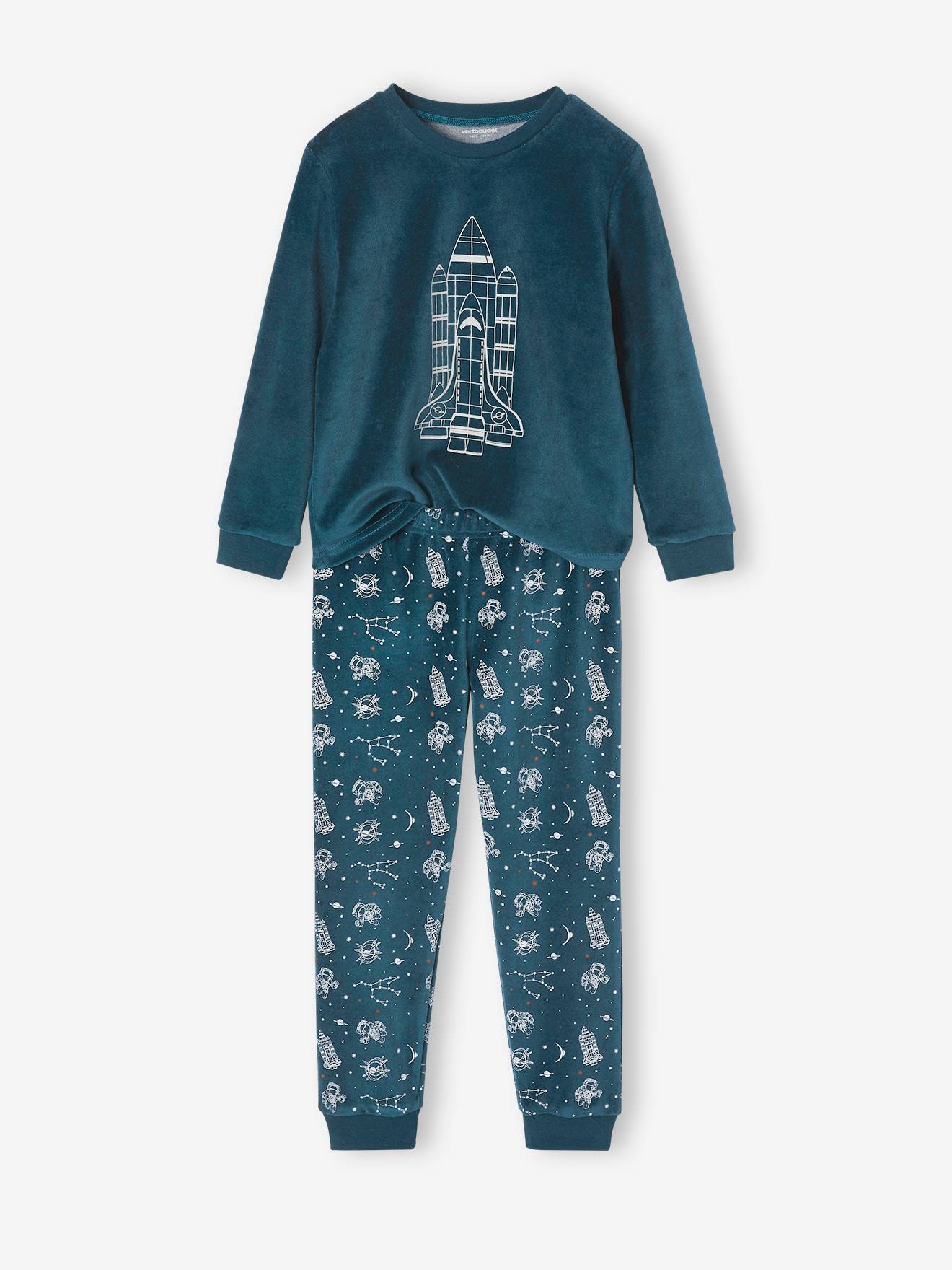 Pyjama velours avec fusée phosphorescente garçon bleu canard