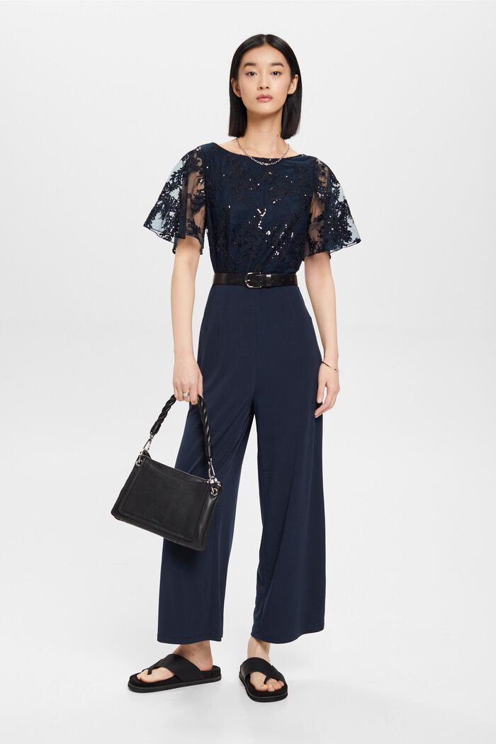 Jersey-Jumpsuit mit Blumenstickerei am Oberteil