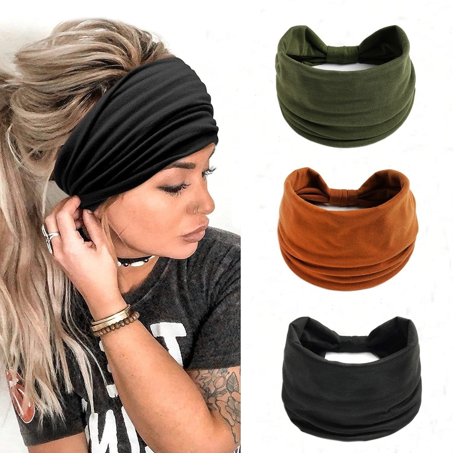 YYV Haarband Stirnbänder Damen Frauen Breites Haarband,3 Stück Einfarbig Sport Yoga, 3-tlg., Kopfwickel Haarbänder Elastische Haarbänder für Frauen