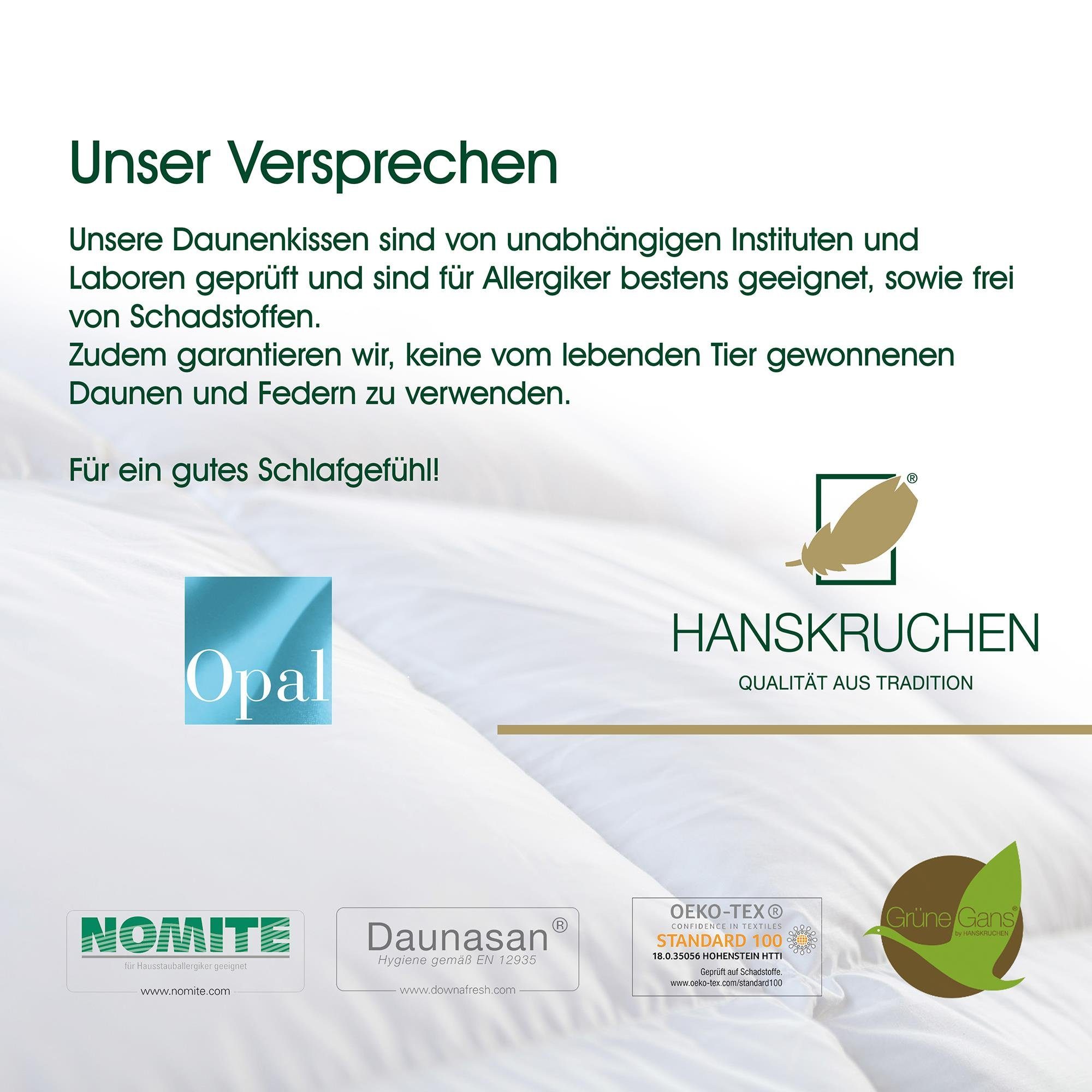 Daunenkissen Opal, HANSKRUCHEN, Füllung: 85% Federn, 15% Daunen, Bezug: 100% Baumwolle, Fest 40x80 cm, hergestellt in Deutschland, durch das Institut Wessling