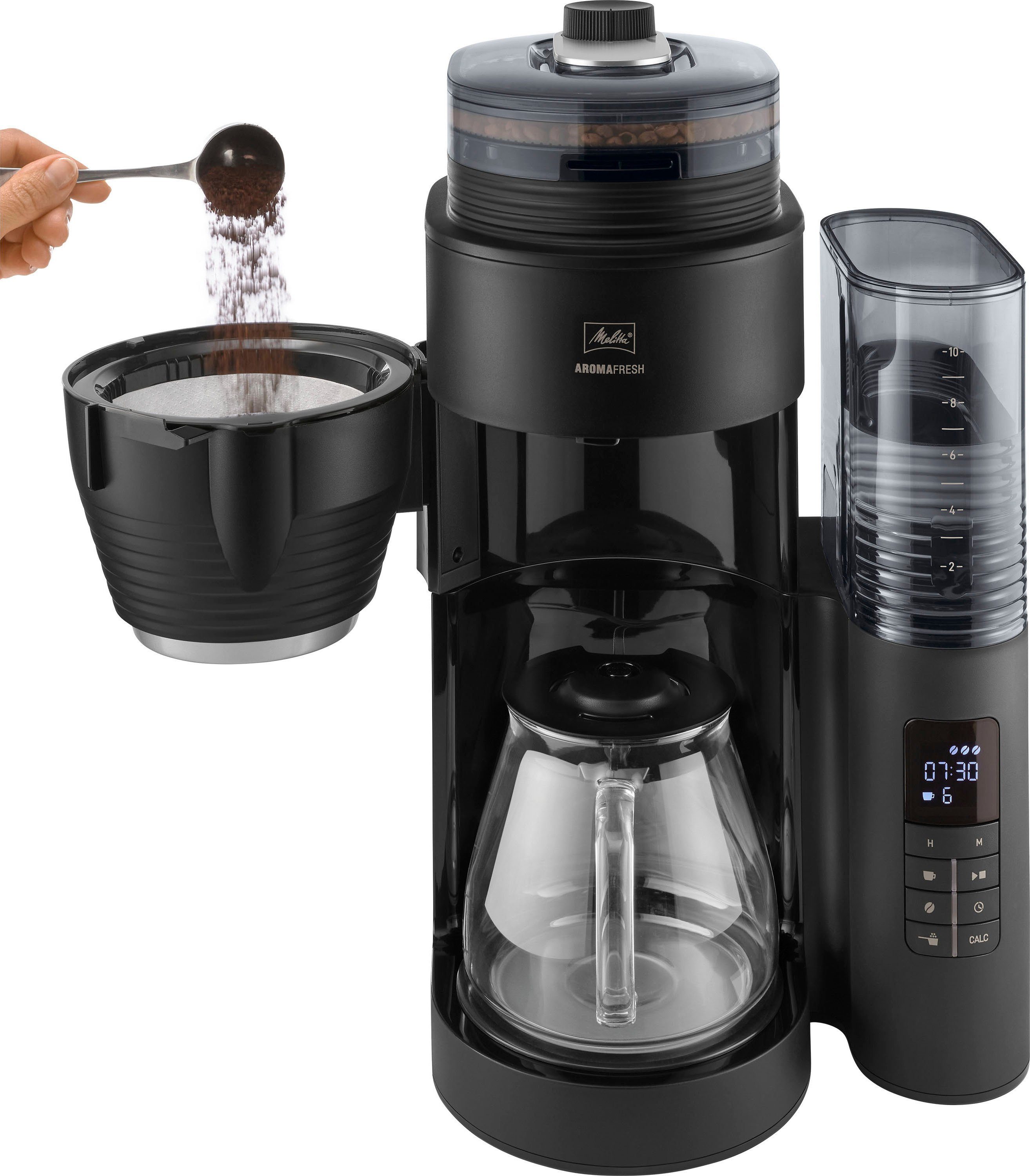 Melitta Kaffeemaschine mit Mahlwerk AromaFresh X 1030-06, 1,25l Kaffeekanne, Papierfilter 1x4, 11 Mahlgradeinstellungen,Kaffeebohnen/-pulver, Timer,Warmhalteplatte