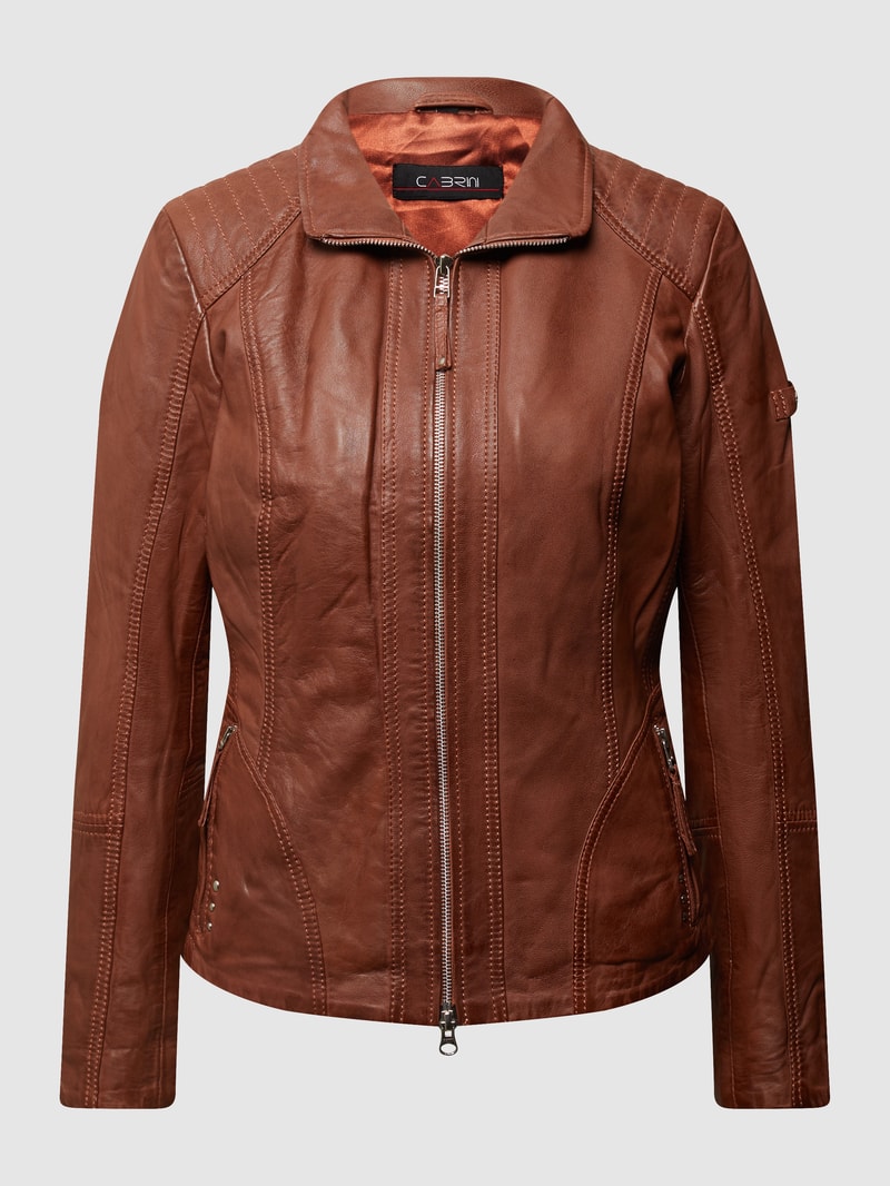 Lederjacke mit variablem Stehkragen in cognac
