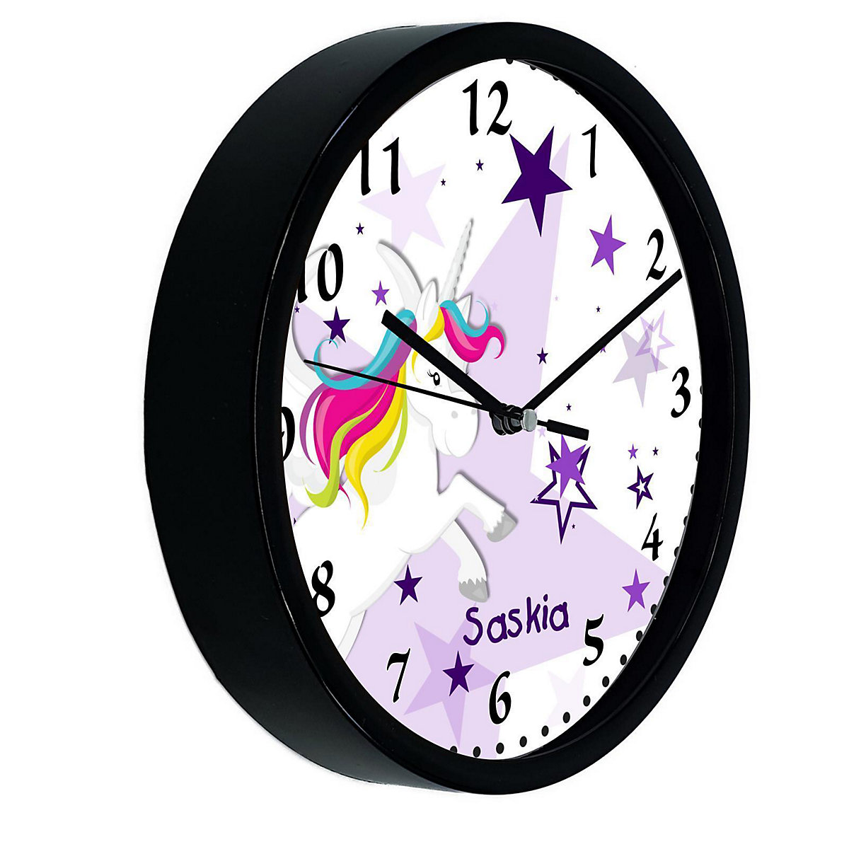 Kinder Wanduhr personalisiert mit Name Pegasus Sterne Lila