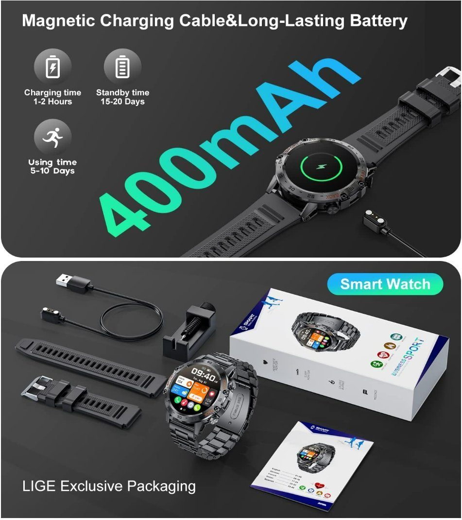 Lige Smartwatch (Android iOS), Herren Mit Telefonfunktion Rund Blutdruck Wasserdicht Men