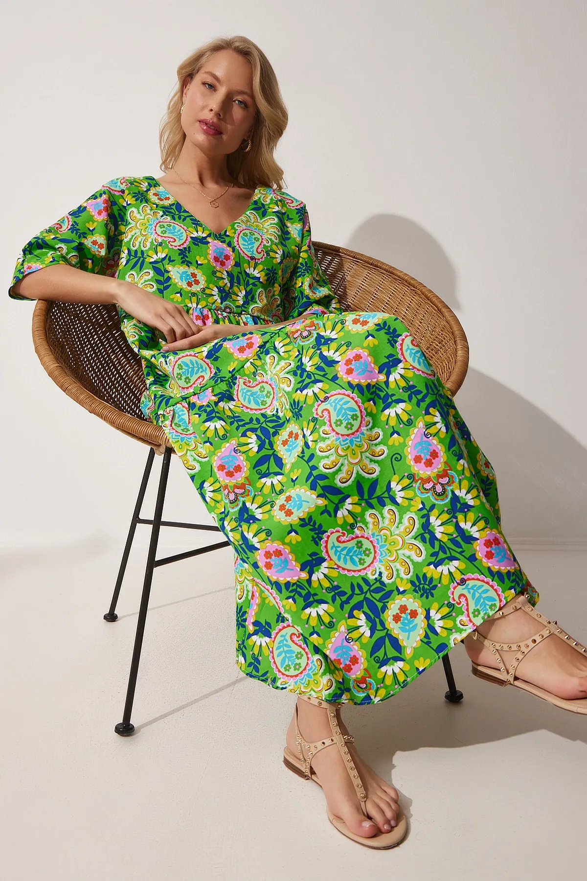 Happiness İstanbul  Damen-Sommerkleid aus Popeline in Grün und Gelb mit Muster ZH00025