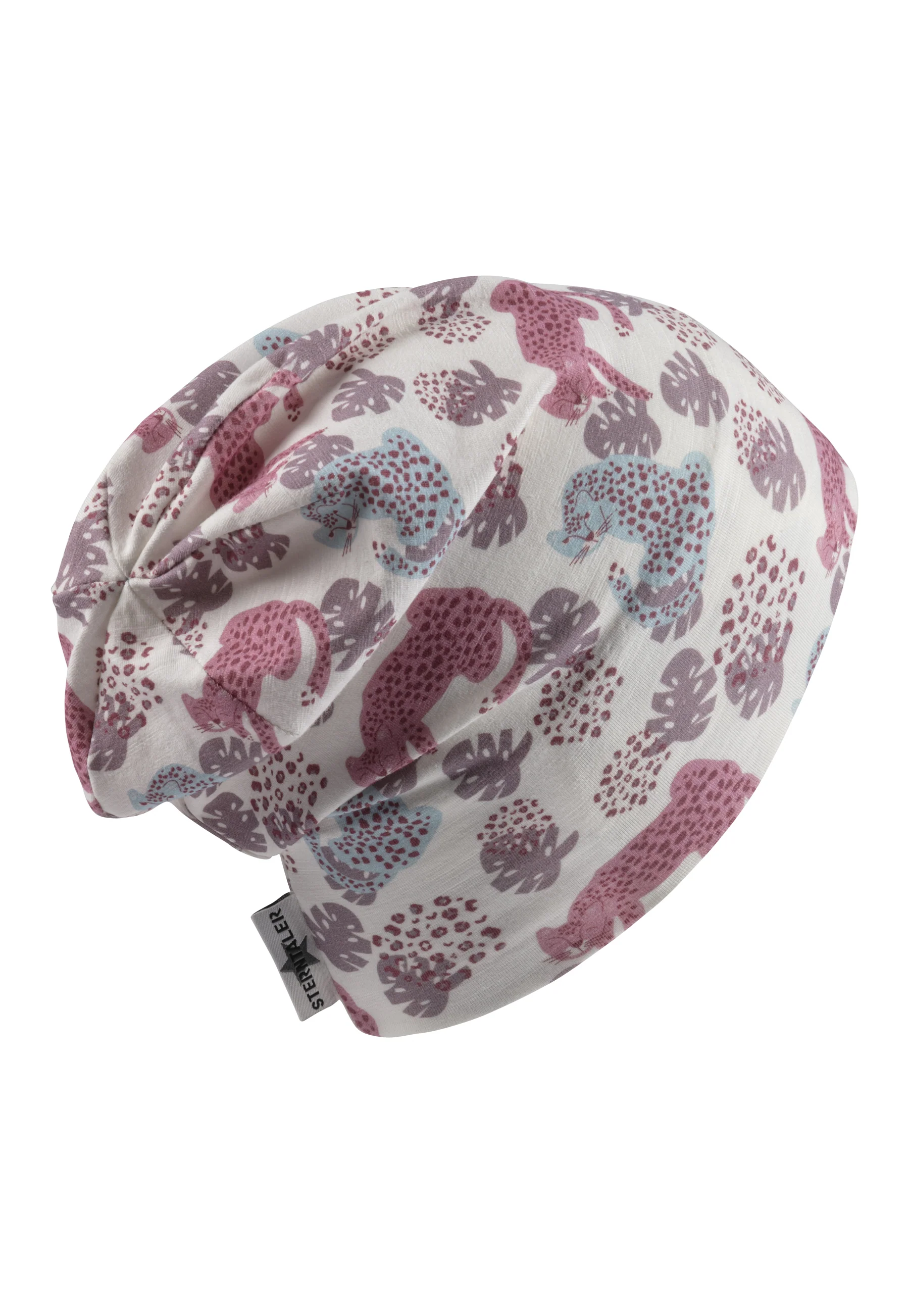 Beanie bedruckt mit Leoparden und Blättern in ecru