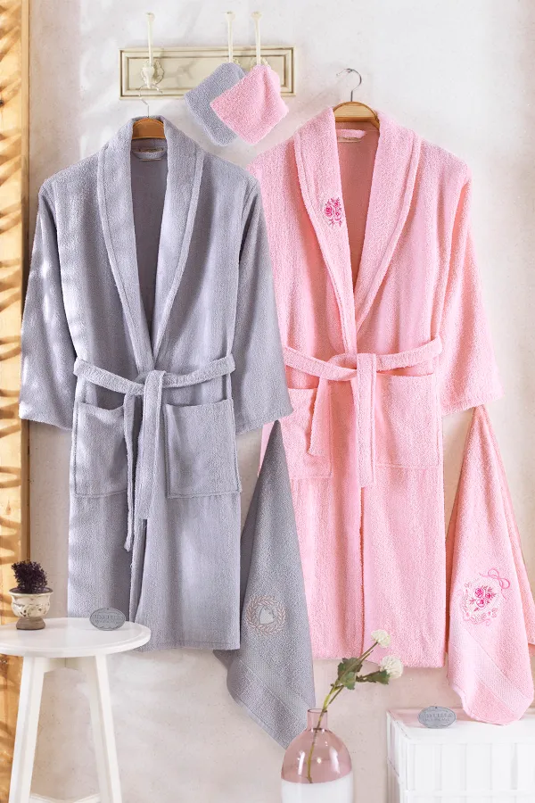 Güvenal  8-teiliges Familien-Bademantel-Set aus grauer Unisex-Güvenal-Baumwolle