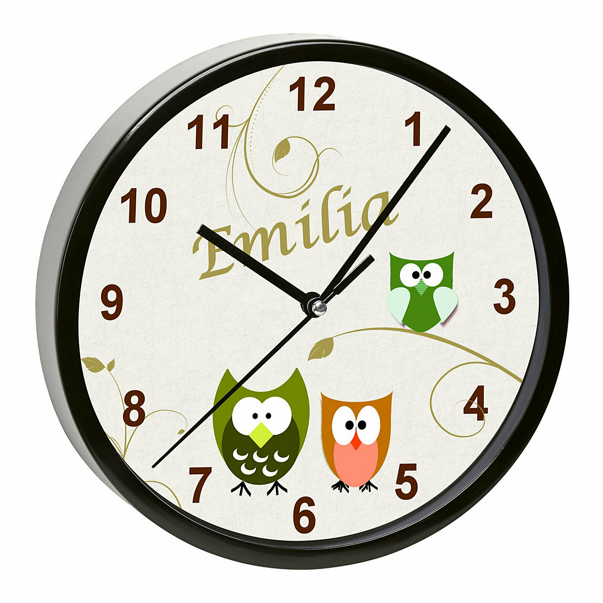 Kinder Wanduhr personalisiert mit Name Eule beige grün orange