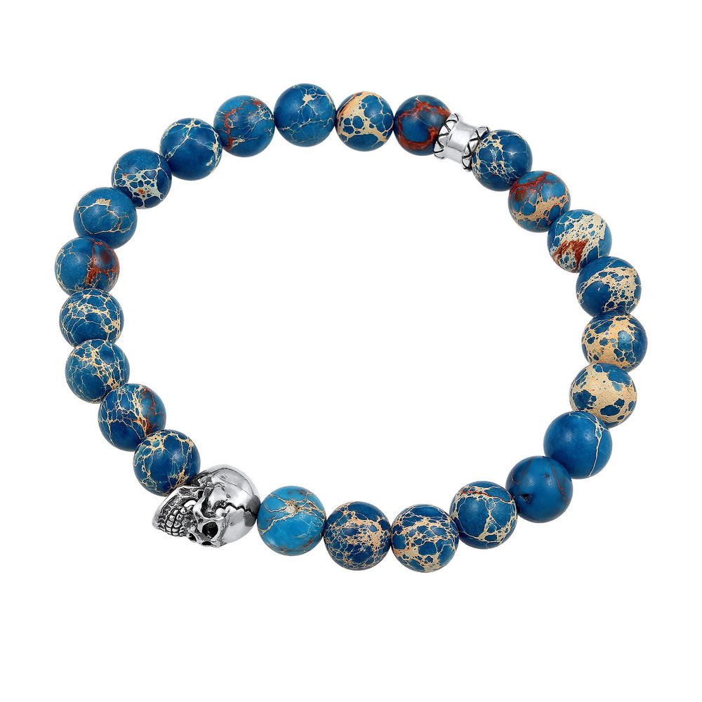 KUZZOI KUZZOI Bracelet Homme symbole de la tête de mort avec des boules d'agate en argen Bracelet