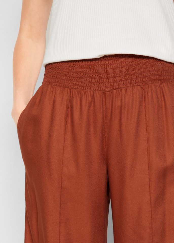 Weite Hose aus Viscose mit High-Waist-Smockbund, Crepegewebe