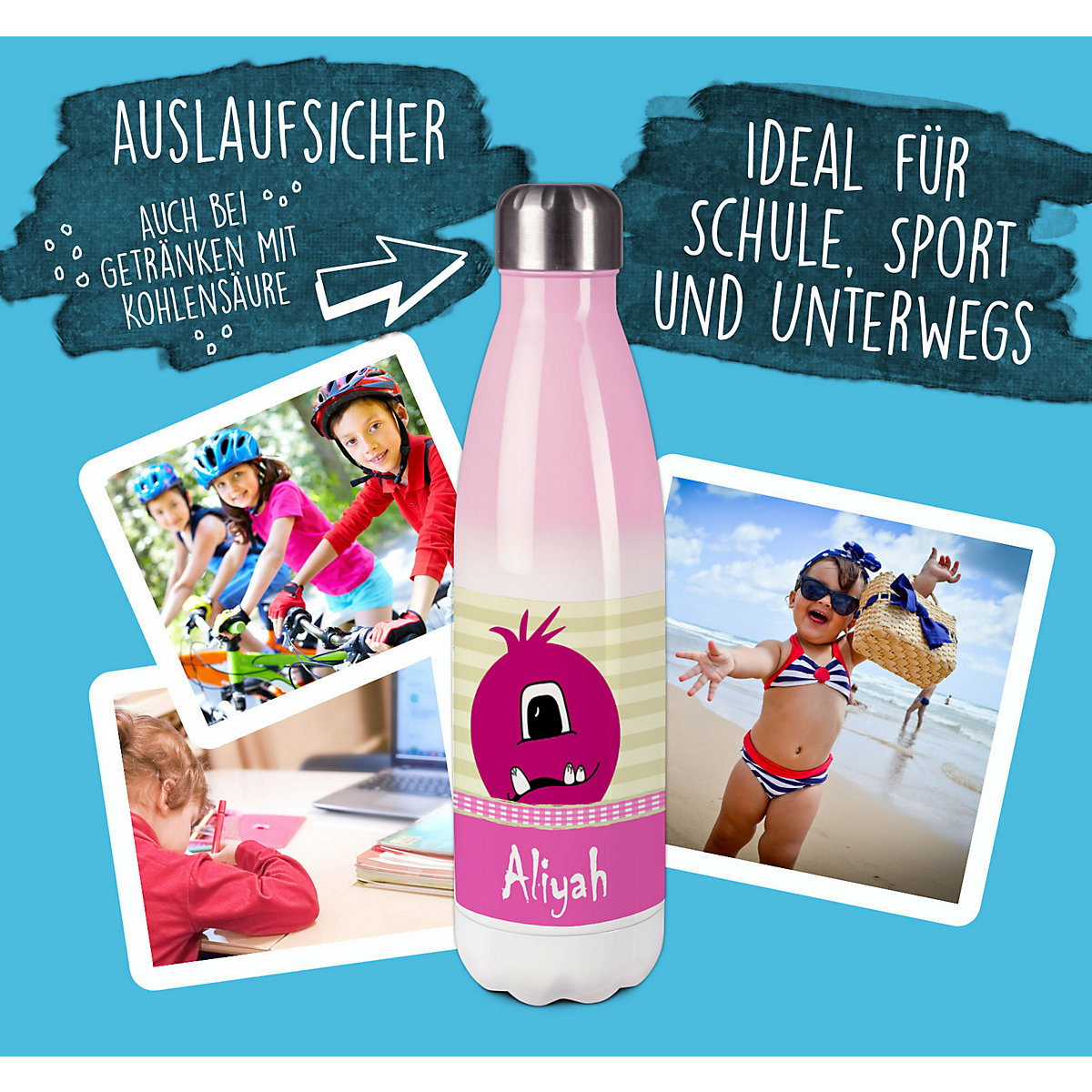 Edelstahl Kinder Thermoflasche / Trinkflasche bunt Monster Karo Farbe rosa Spülmaschinenfest, Auslaufsicher, Bruchfest, Doppelwandig, Für Heißgetränke geeignet, Mit Deckel, Isoliert