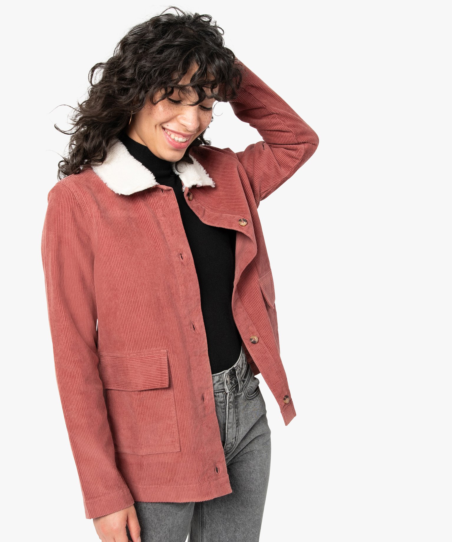 Blouson femme en velours ctelé avec col amovible rose | GEMO