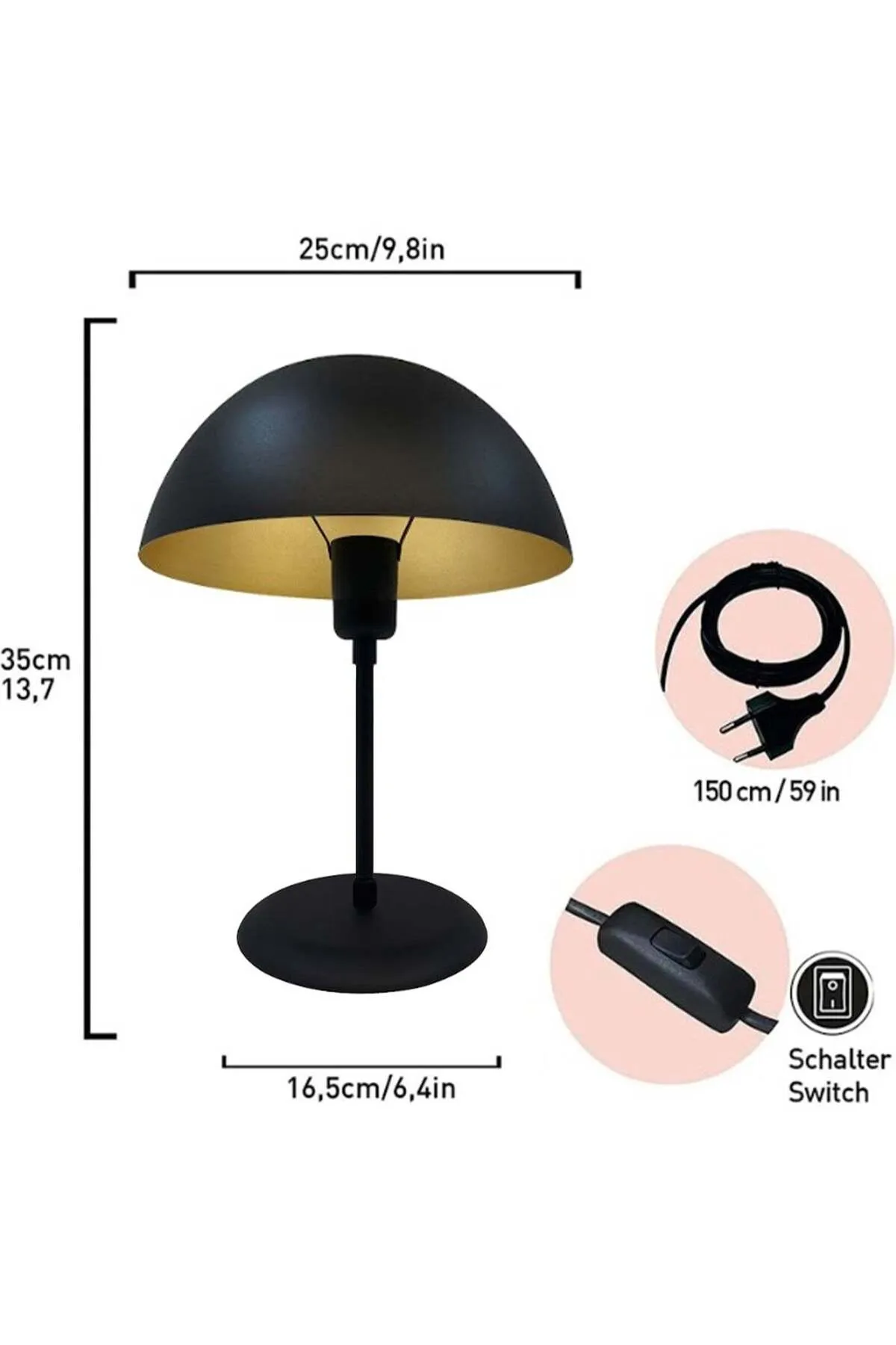 Bamyum  Lipeo Kleine Tischlampe 30cm, Pilzlampe Metall, Orange Lampe