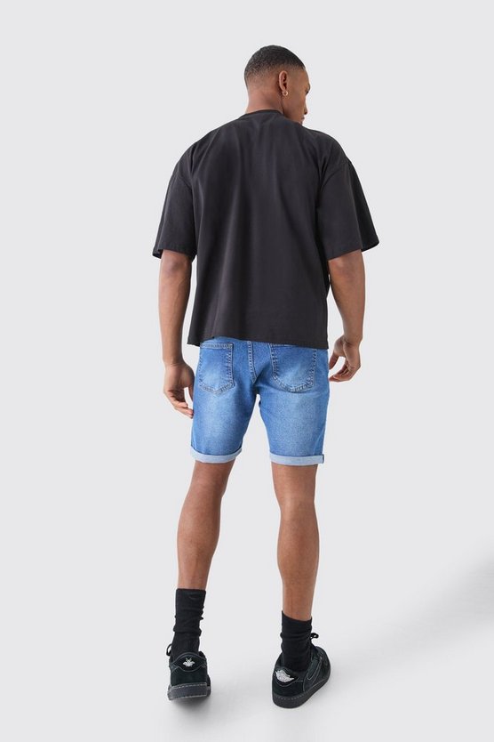Mittelblaue Skinny Stretch Jeansshorts