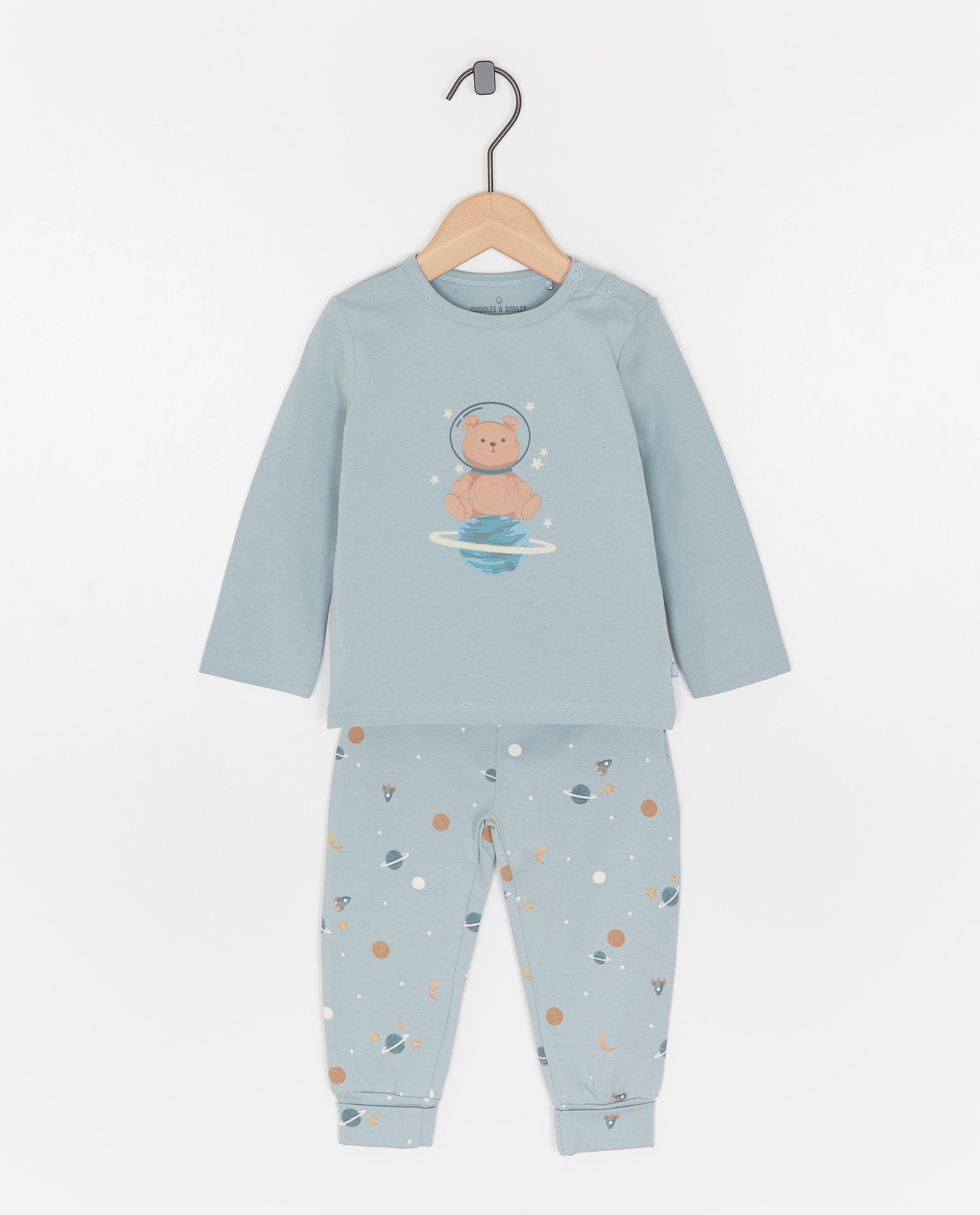 Pijamale Cuddles and Smiles cu imprimeu albastru cu ursuleți de pluș