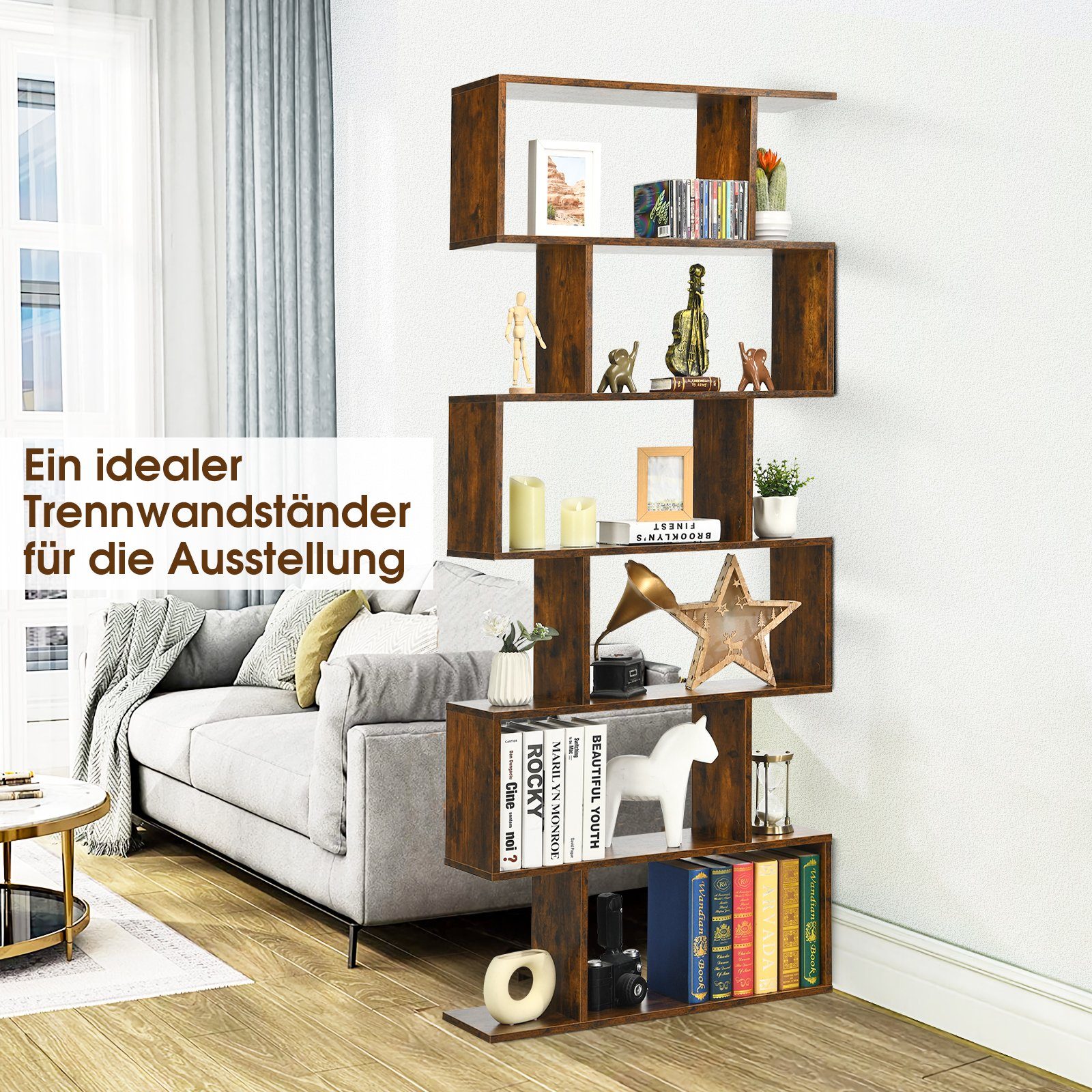 COSTWAY Bücherregal, Standregal mit 6 Fächern, 20 kg/Ebene, 80x23x192cm, braun