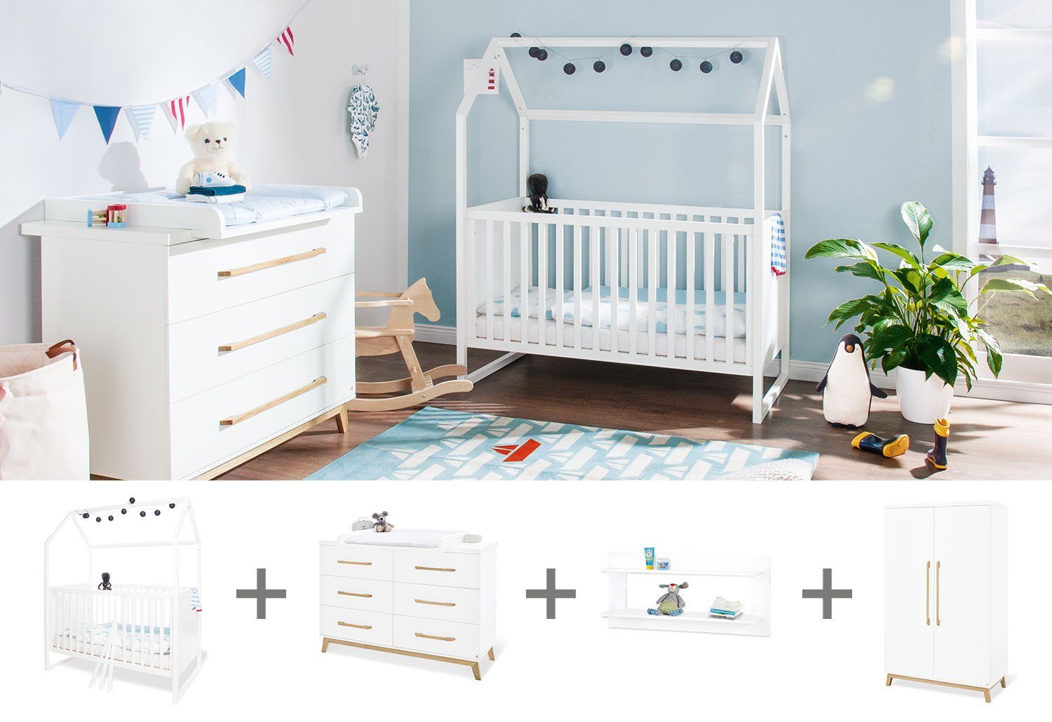 Pinolino® Babyzimmer-Komplettset Hilda & Riva, (Set, 4-St., Hausbett, Wickelkommode, Kleiderschrank, Wandregal), extrabreit; Hausbett, Wickelkommode, 2-trg. Kleiderschrank & Wandregal
