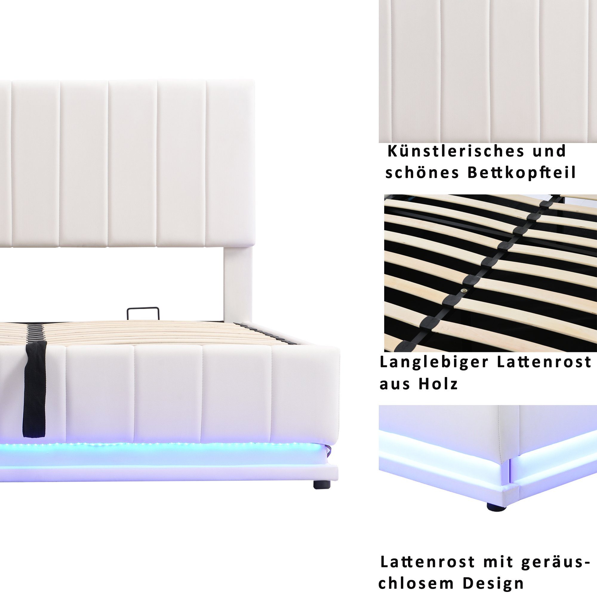 PHOEBE CAT Boxspringbett (LED Hydraulisches Bett mit Bettkasten und Lattenrost), Polsterbett Stauraumbett 160x200 cm, Kunstleder
