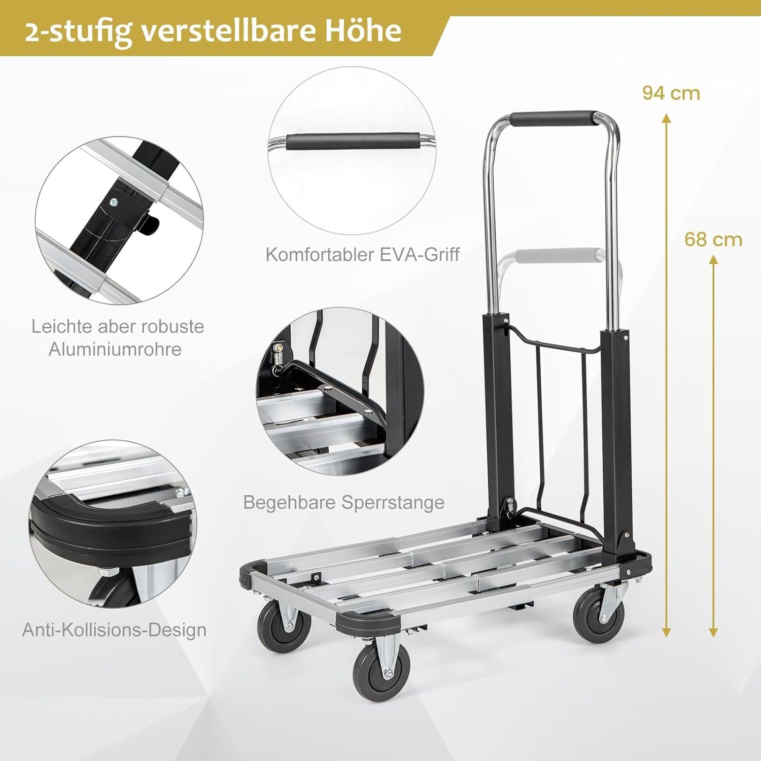 KOMFOTTEU Transportwagen klappbar, mit verstellbarem Griff & Platte, bis 150kg