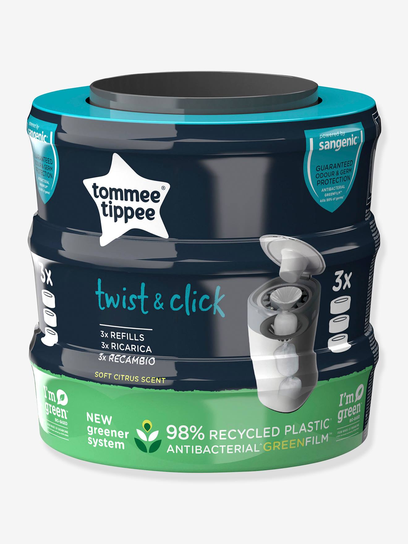 Lot de 3 recharges pour poubelles à couches Tec et Twist & Click TOMMEE TIPPEE Sangenic en plastique recyclé gris