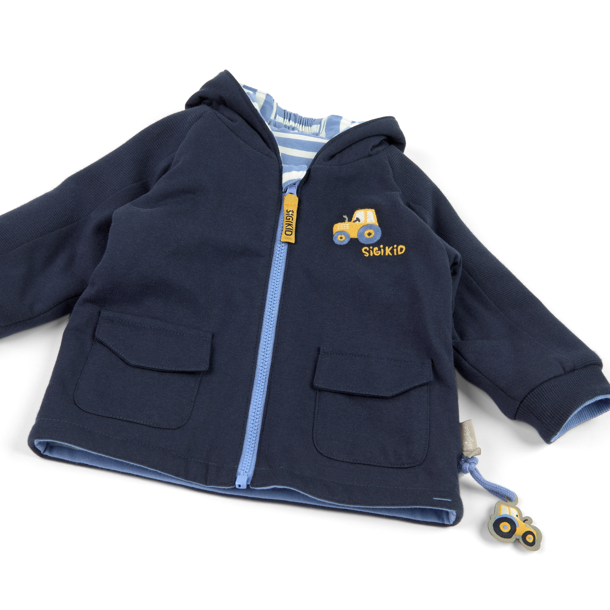Wattierte Baby Wendejacke Traktor, dunkelblau und blau-w