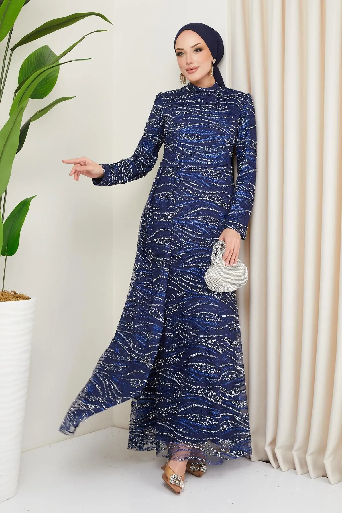 Olcay  Hijab-Abendkleid aus Tüll mit Stein- und Pailletten-Erbsenmuster, DUNKELBLAU 1209