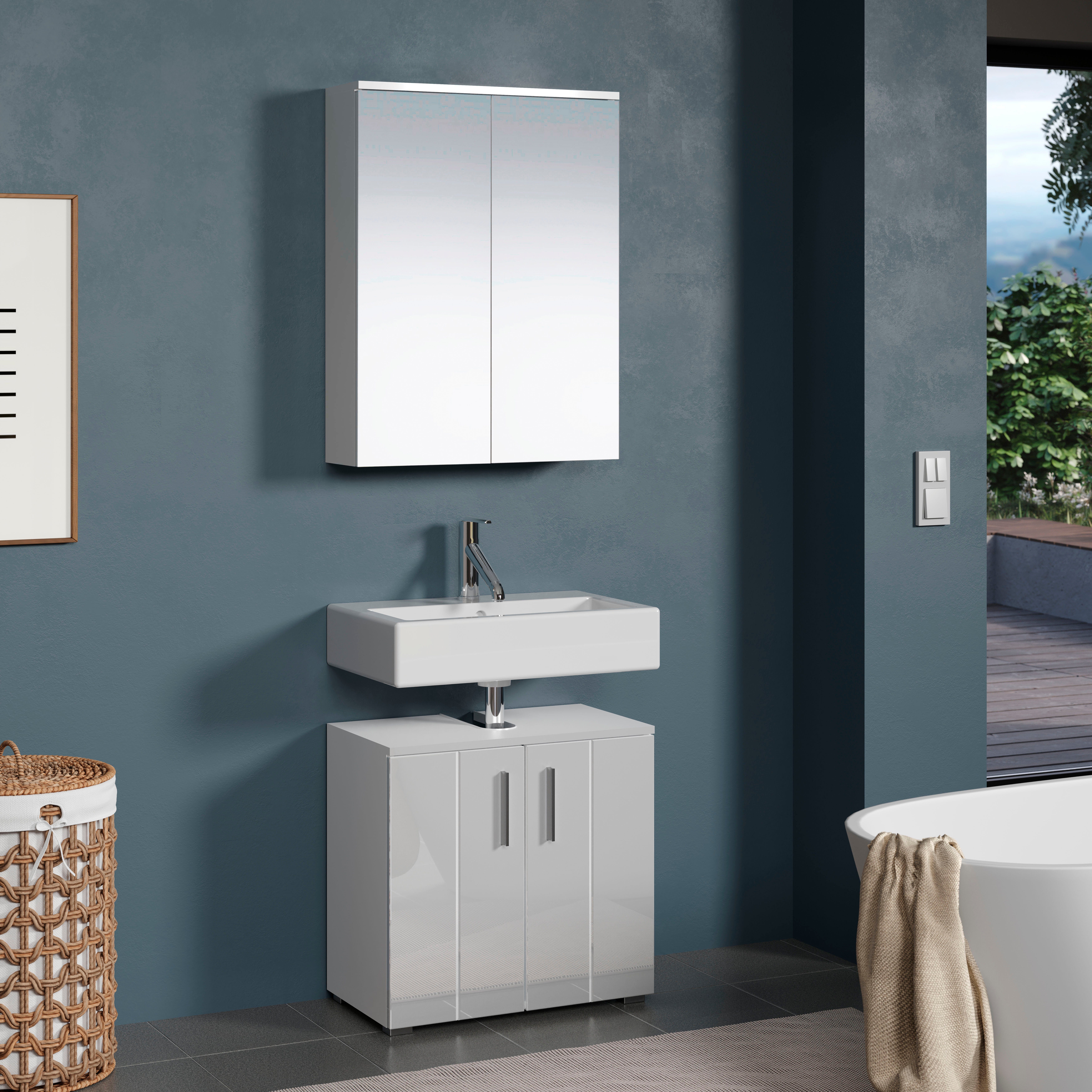 welltime Badezimmer-Set Prag, (Set, 2-St), Waschbeckenunterschrank & Spiegelschrank