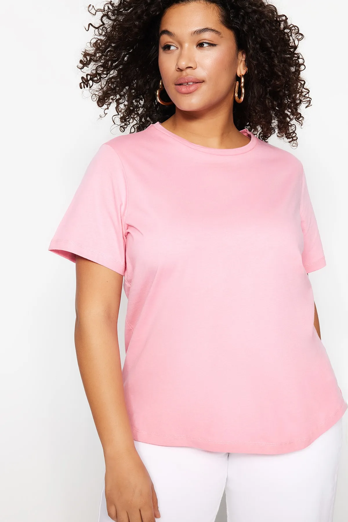 Trendyol Curve  Rosa Basic-Strick-T-Shirt mit Rundhalsausschnitt TBSSS22TS0733