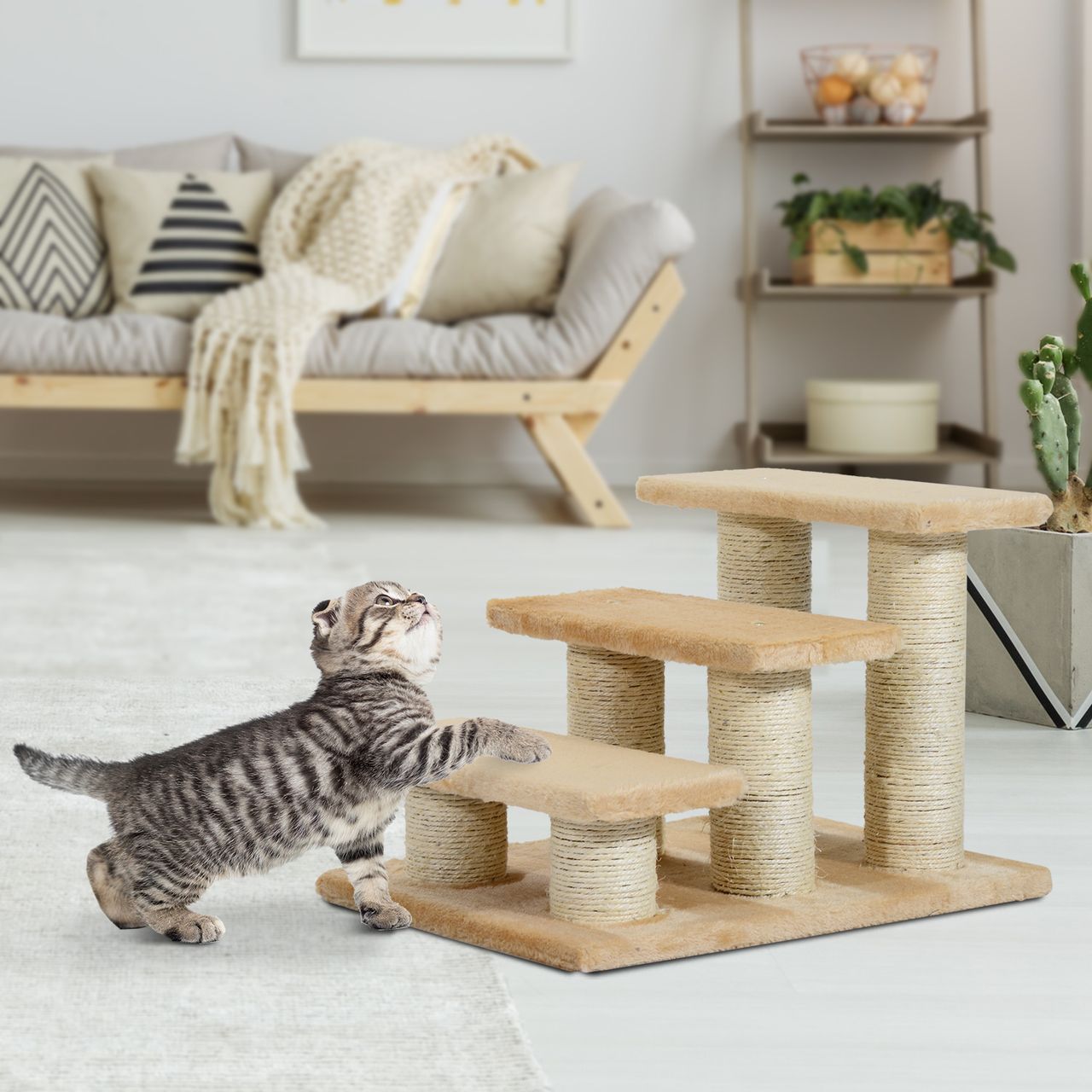 PawHut Tiertreppe Katzentreppe Hundetreppe 3 Stufen Treppe für Katze und Hunde Plüsch Creme 45 x 35 x 34 cm
