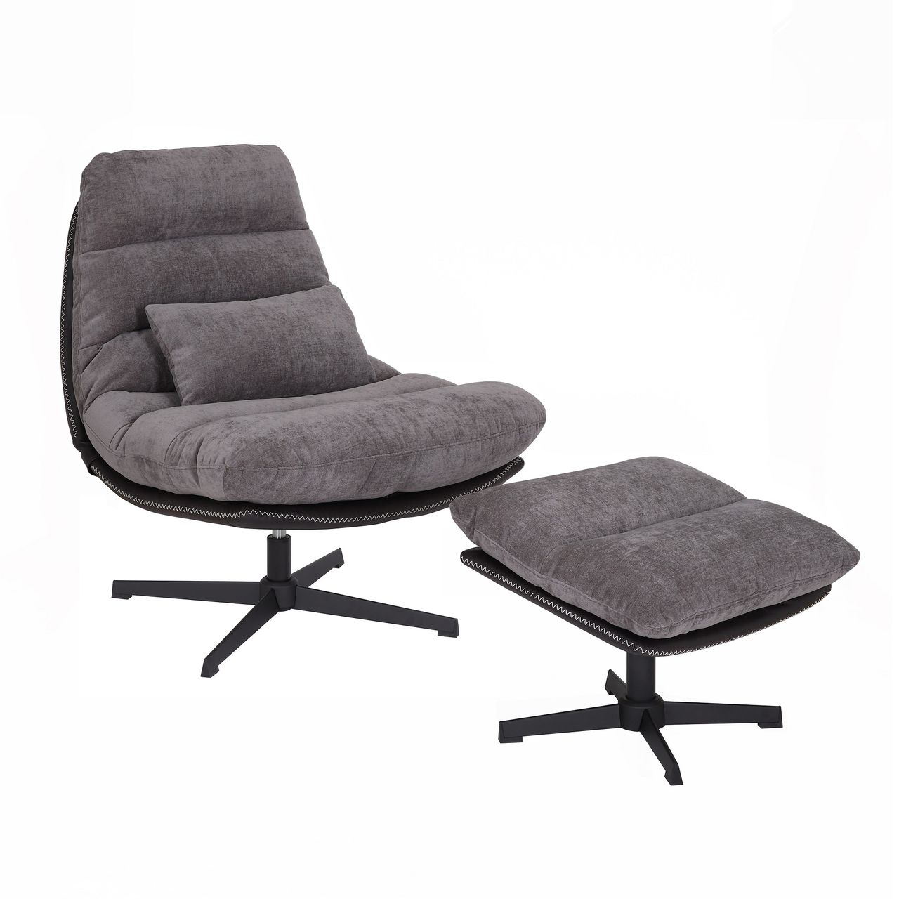 Better Home gepolsterter Drehstuhl, Relaxsessel mit Hocker hellgrau & schwarz