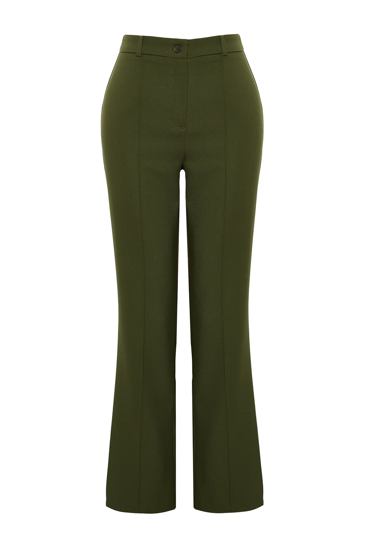 Trendyol Collection  Khakifarbene gerade/gerade geschnittene, hoch taillierte, gerippte Webhose mit Nähten TWOSS21PL0093