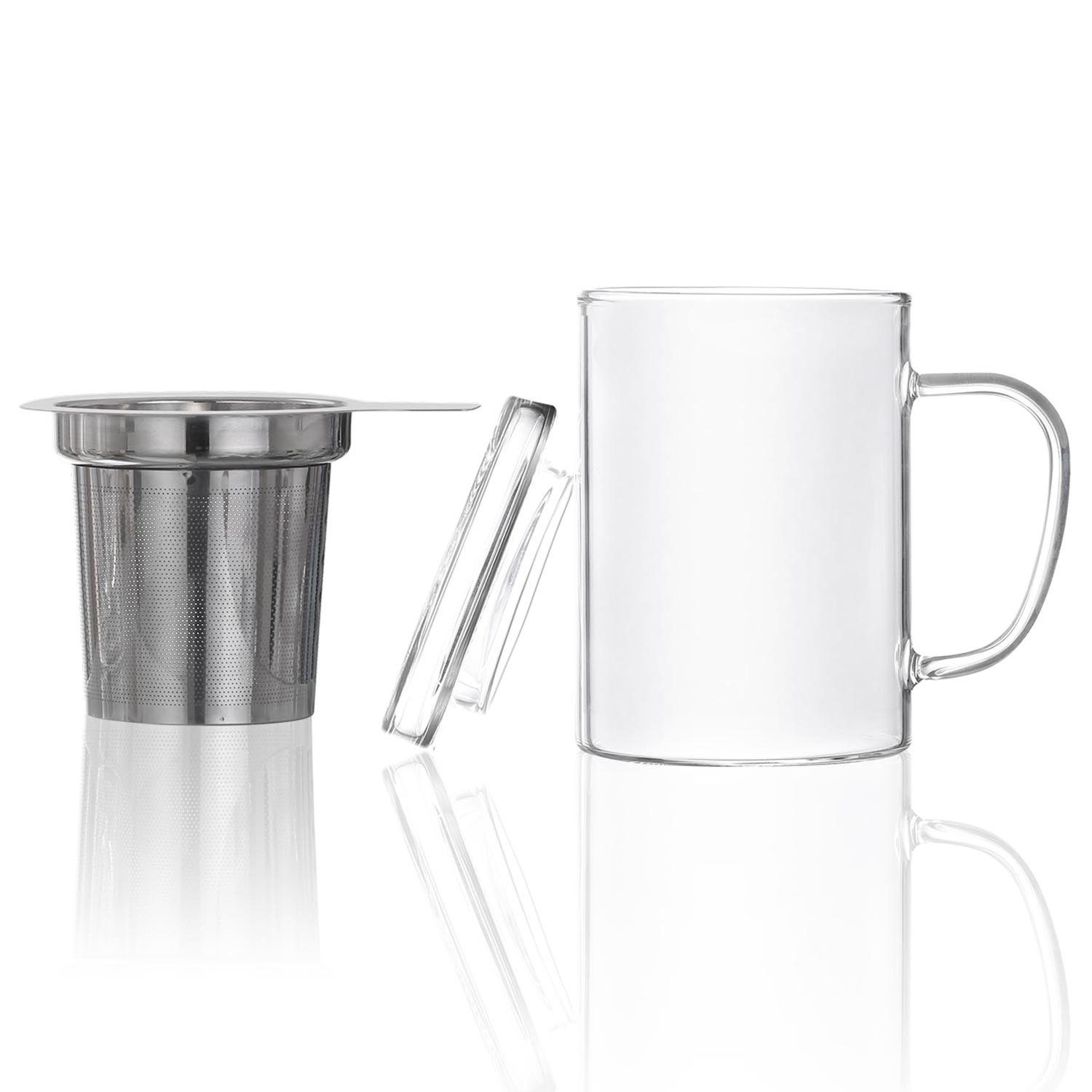 Dimono Teeglas Teebereiter mit Sieb 450 ml, Tee-Filter Tasse mit Deckel