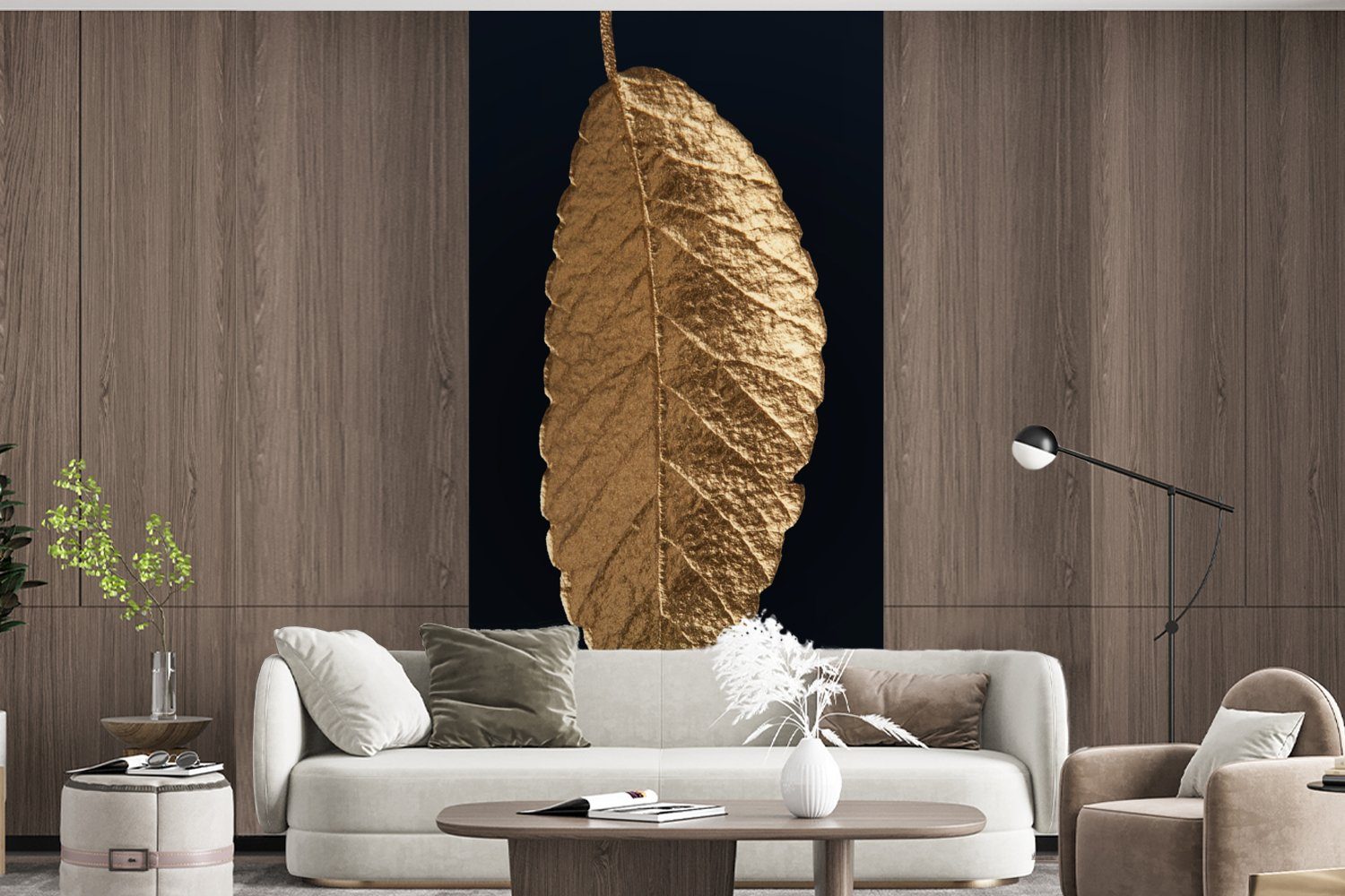 MuchoWow Fototapete Blätter - Schwarz - Gold - Luxus - Natur, Matt, bedruckt, (2 St), Vliestapete für Wohnzimmer Schlafzimmer Küche, Fototapete