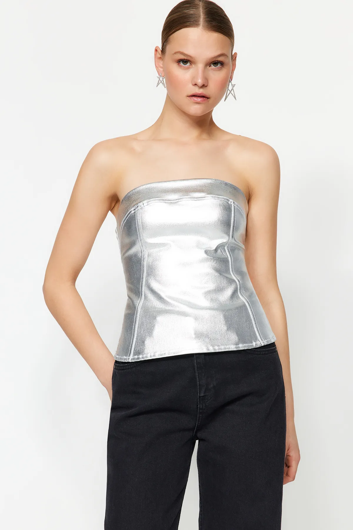 Trendyol Collection  Silbernes Denim-Bustier TWOAW24BS00012