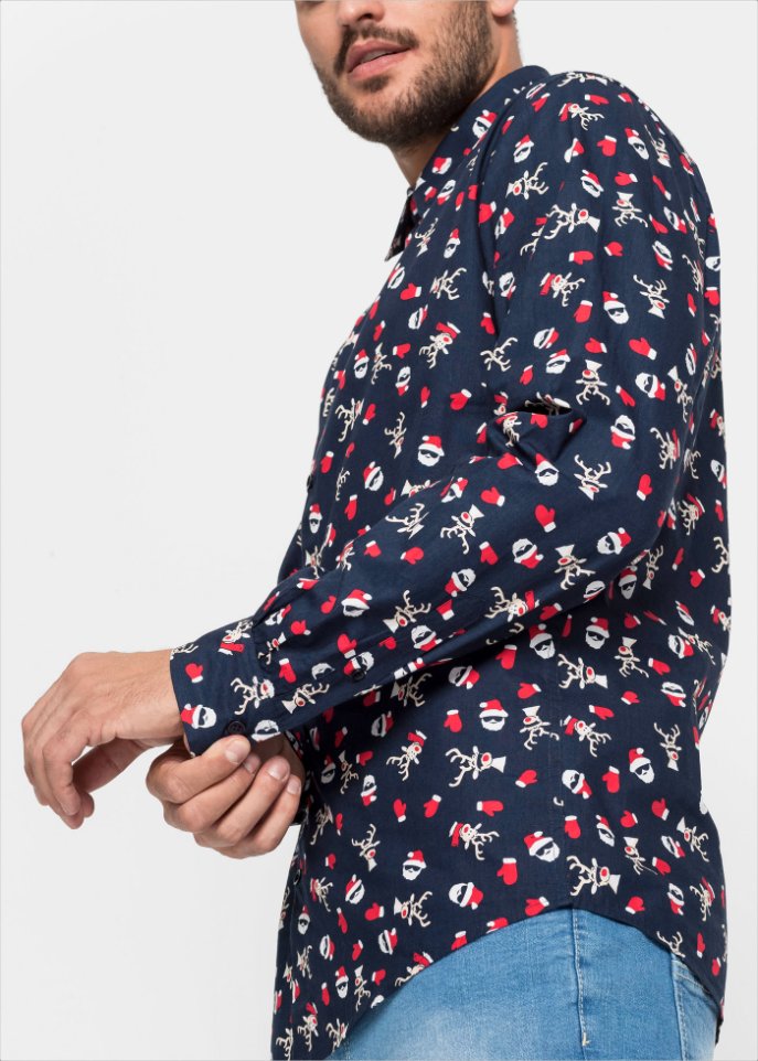 Langarmhemd mit Weihnachts-Druck, Slim Fit