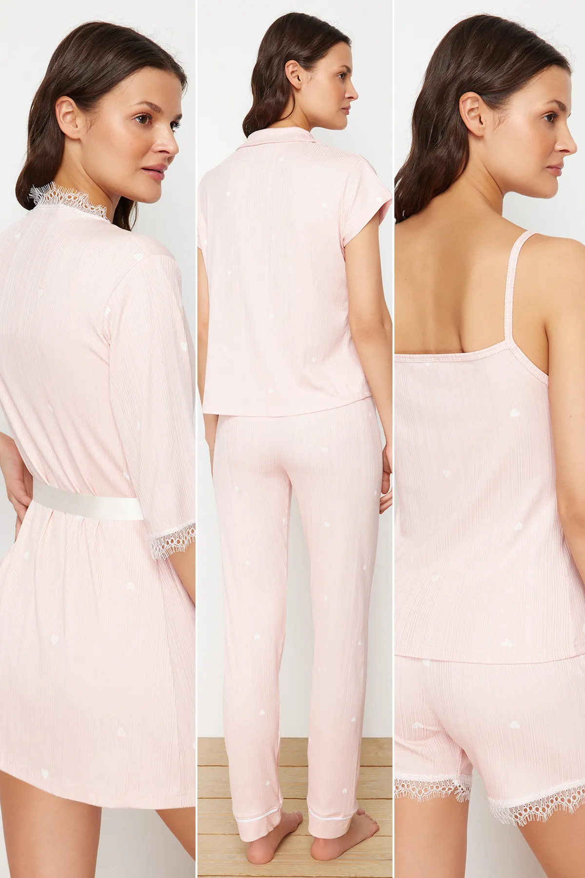Trendyol Collection  Rosa 5er-Pack Pyjama-Set aus Rippstrick mit Herzmotiv THMSS24PT00380