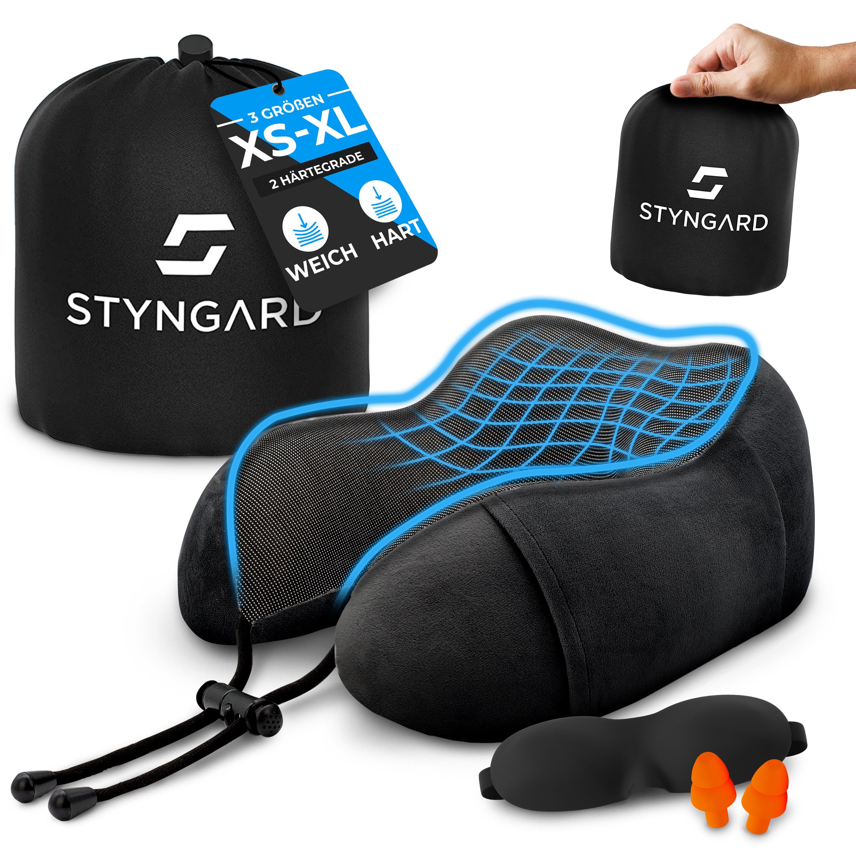 Styngard Nackenkissen Reisekissen, aus Memory-Foam inkl. Schlafmaske und Ohrstöpsel