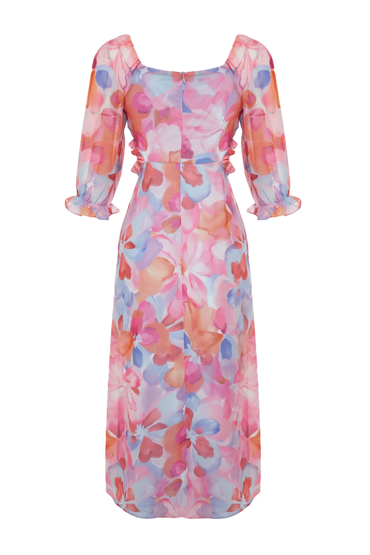 Trendyol Collection  Rosa geblümtes A-Linien-/Glockenkleid aus Chiffon mit Carmen-Kragen, gefüttertes Maxikleid aus Webstoff TWOSS23EL02422