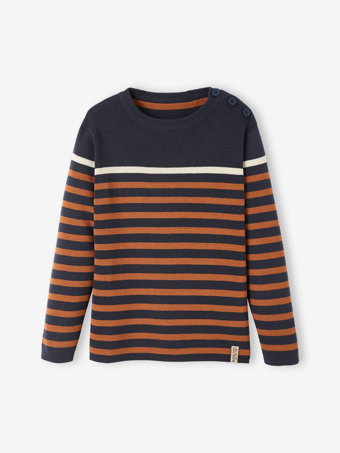 Pull marin garçon ivoire rayé rouge et marine