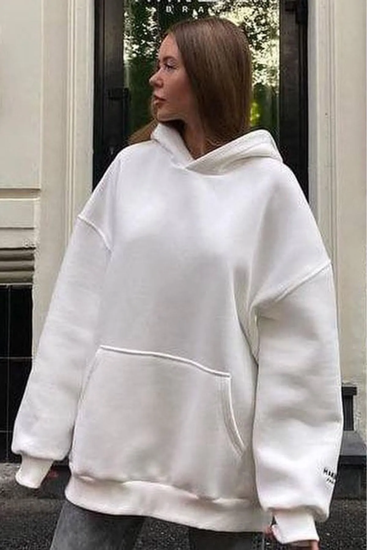Madmext  Weißes, geripptes Oversize-Sweatshirt mit Kapuze MG1566