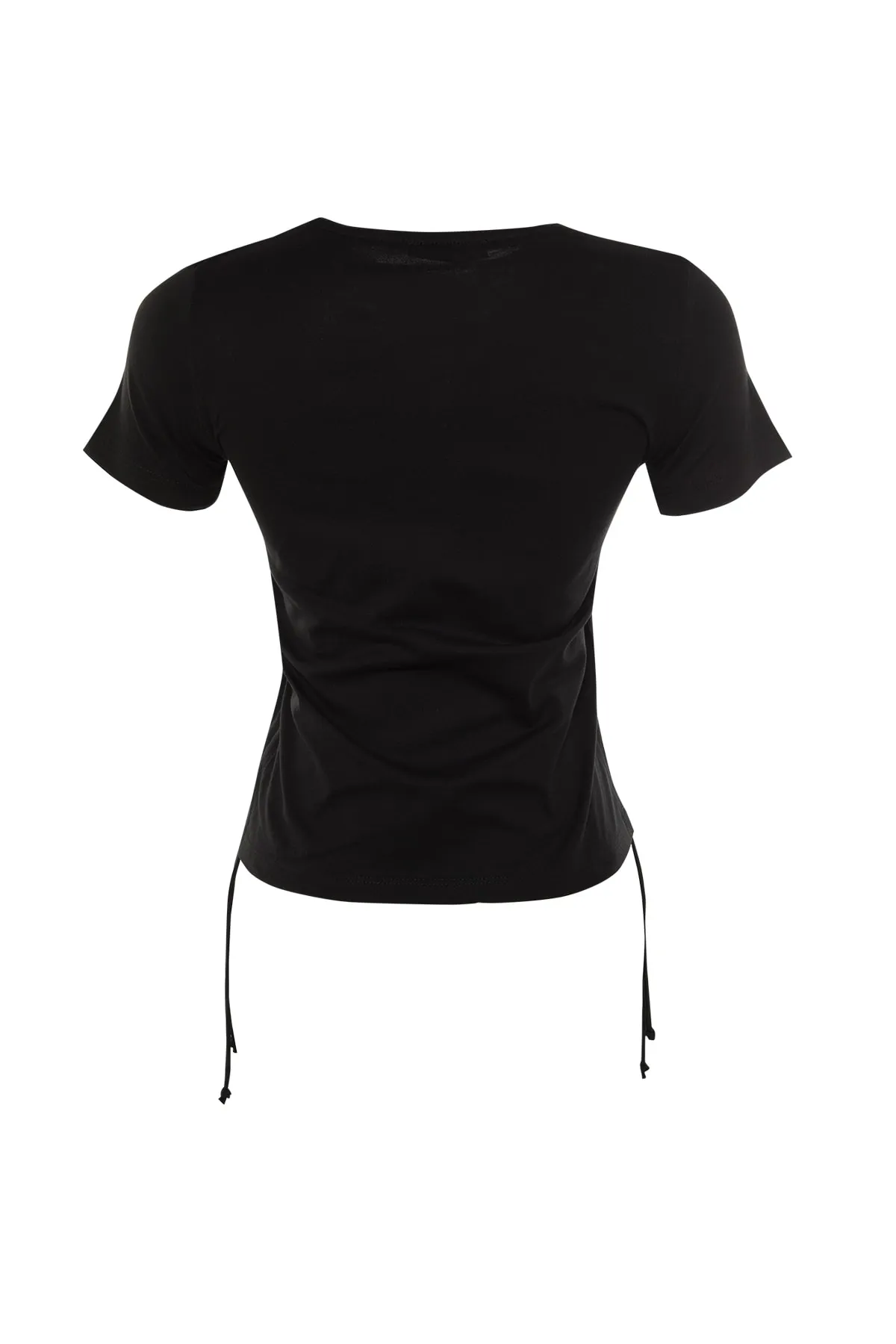 Trendyol Collection  Schwarzes Basic-Strick-T-Shirt mit Rundhalsausschnitt aus 100 % Baumwolle mit Rüschen und Details TWOSS21TS0131