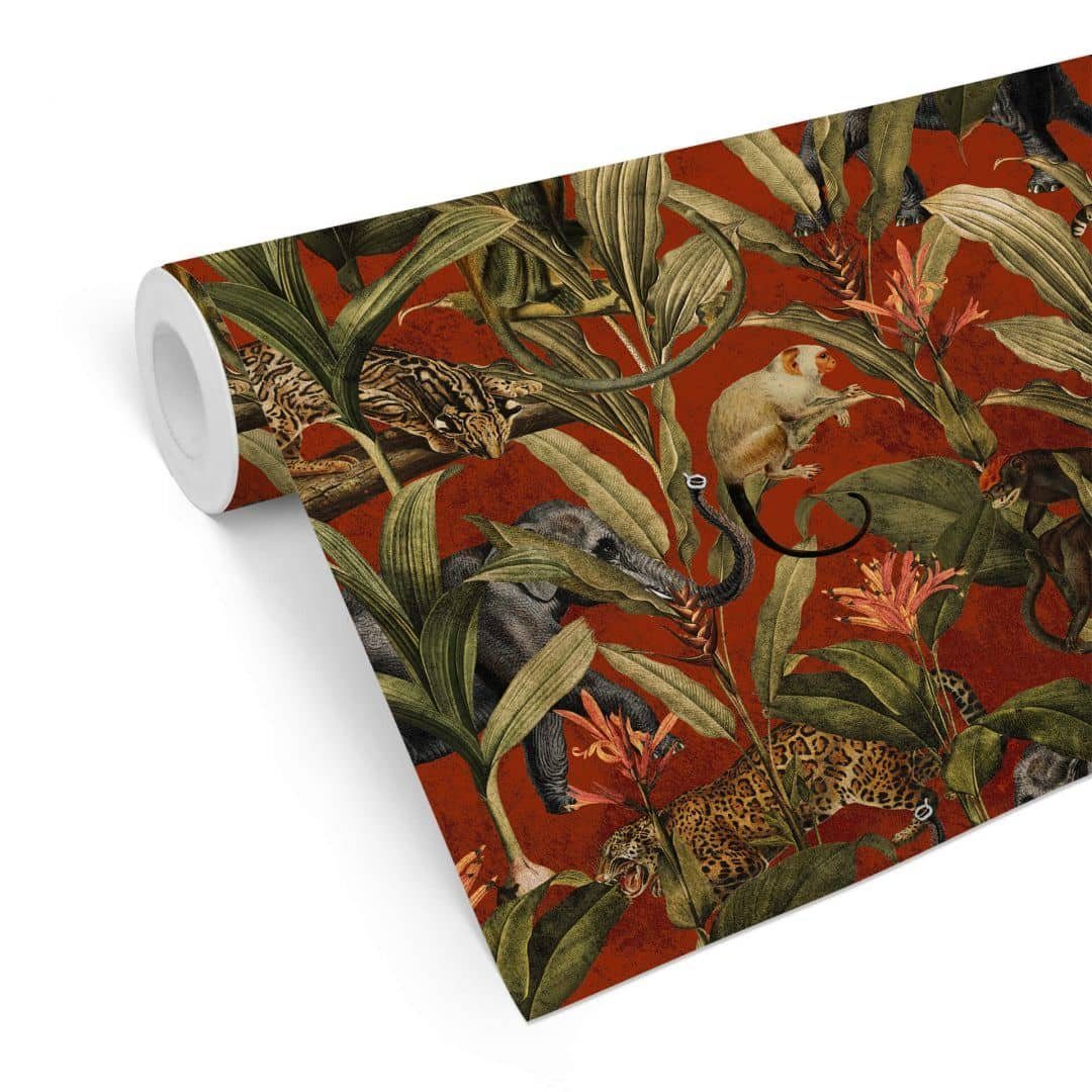 K&L Wall Art Mustertapete Vintage Afrika Dschungel Elefant Affe Leopard Vliestapete Kinderzimmer, Safari Tapete
