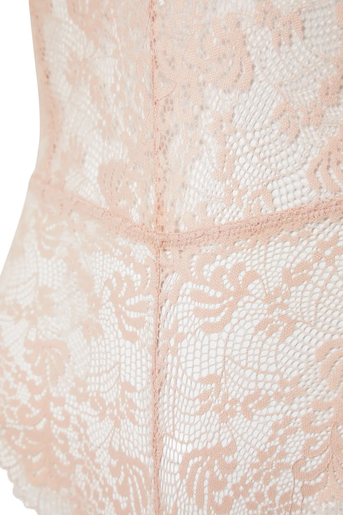 Trendyol Collection  Puderfarbener Strick-Body mit gerüschten Seilriemen und Druckknöpfen THMAW23BD00009