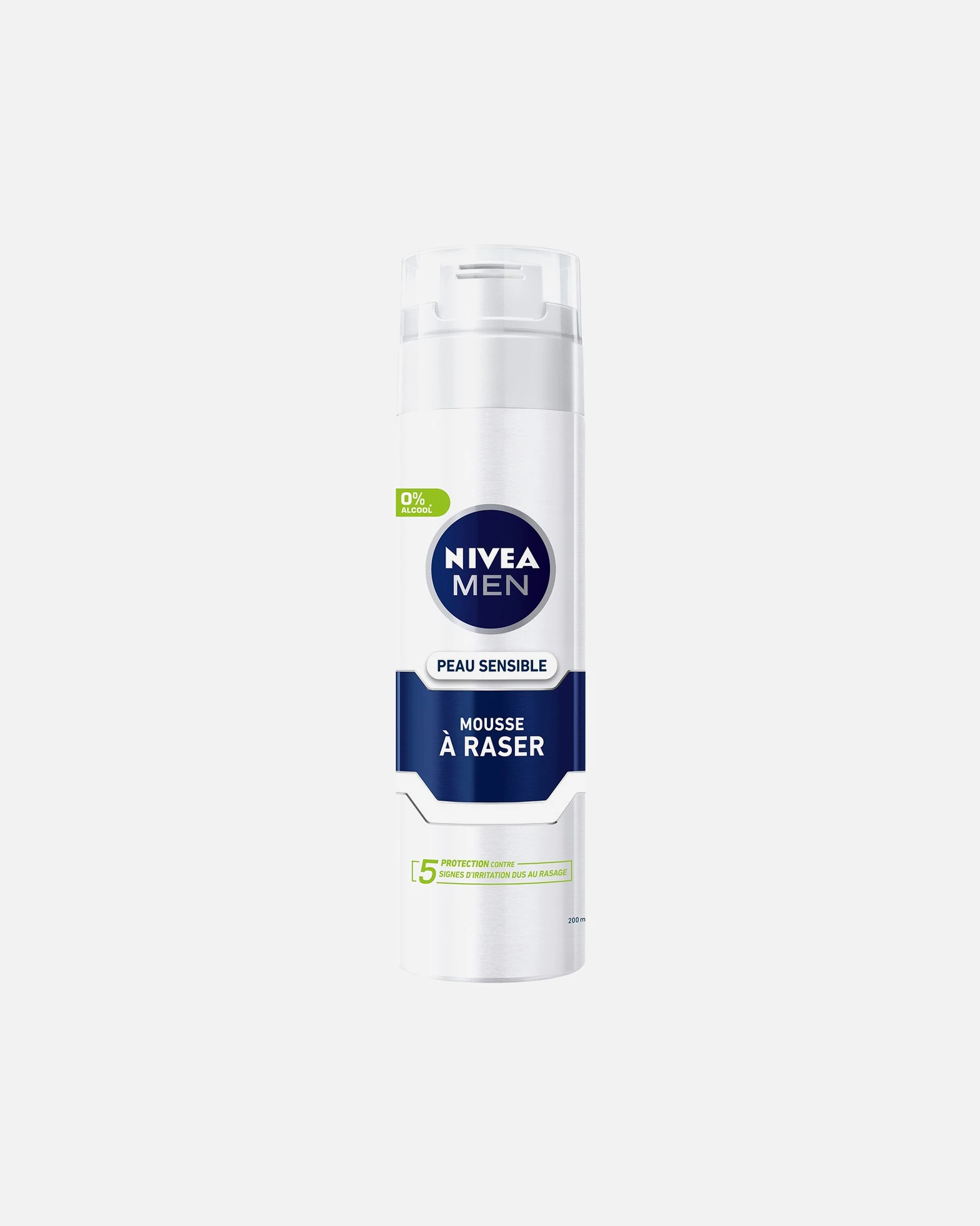 Espuma de afeitar NIVEA 0% alcohol con manzanilla para piel sensible.