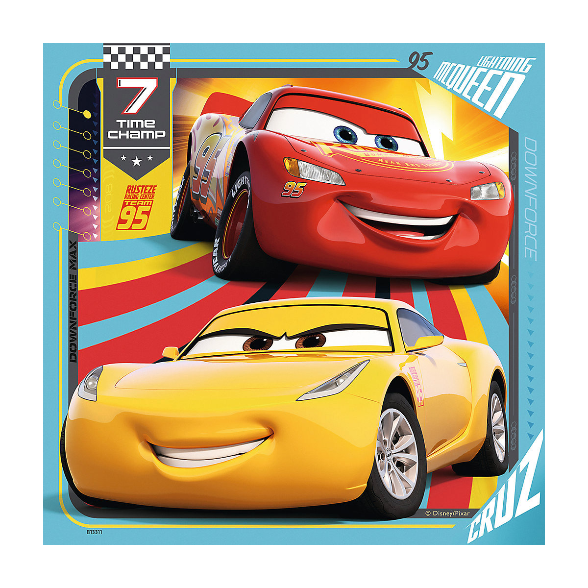 3er Set Puzzle, je 49 Teile, 21x21 cm,   Cars 3 Bunte Flitzer