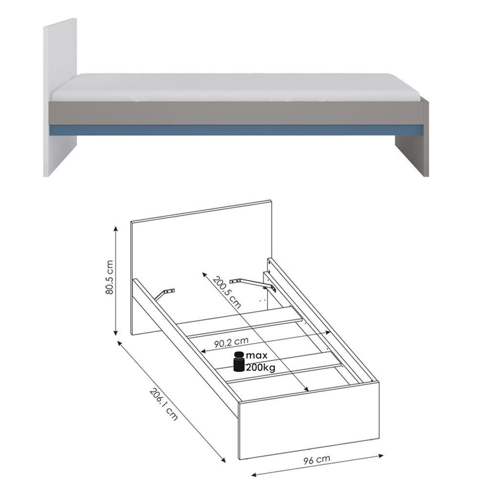 Lomadox Jugendzimmer-Set LIIVA-129, (Sparset, 5-tlg), Grau Platin, Perlschwarz, Alpinweiß, Himmelblau, Liegefläche 90x200 cm