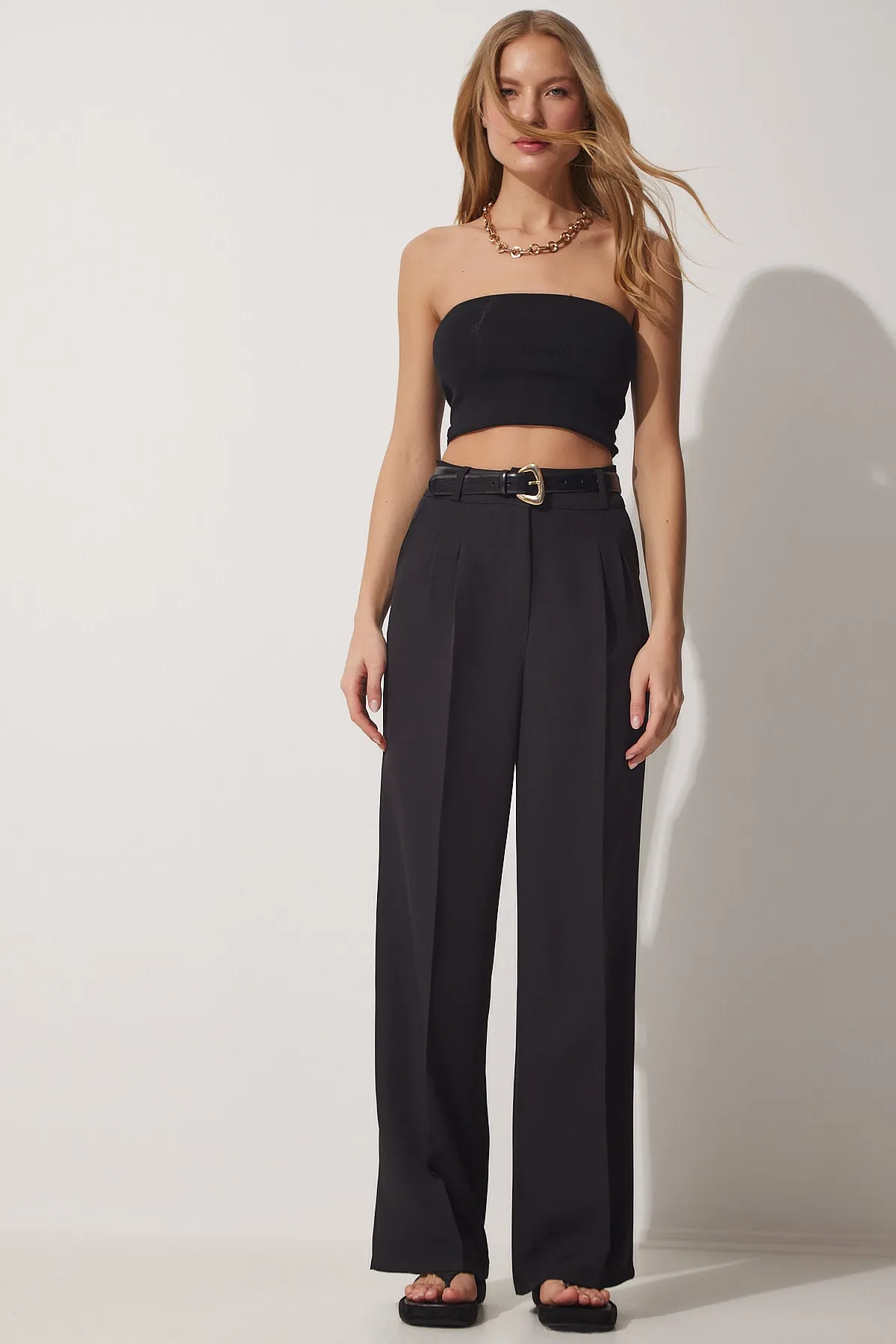 Happiness İstanbul  Schwarze, maskuline Webhose mit weitem Bein für Damen HG00001