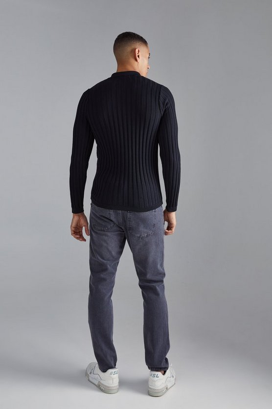 Langärmliges geripptes Muscle-Poloshirt
