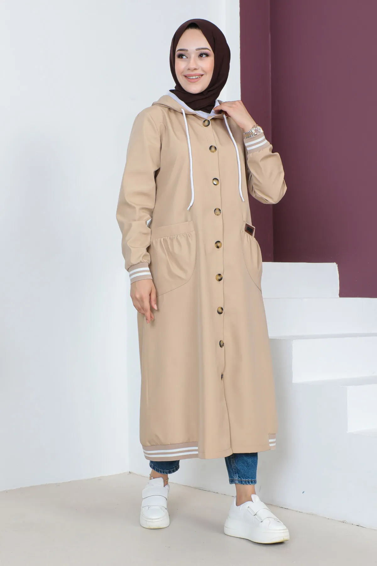 Tesettür Dünyası  Gerippter Trenchcoat TSD230638 Kamel